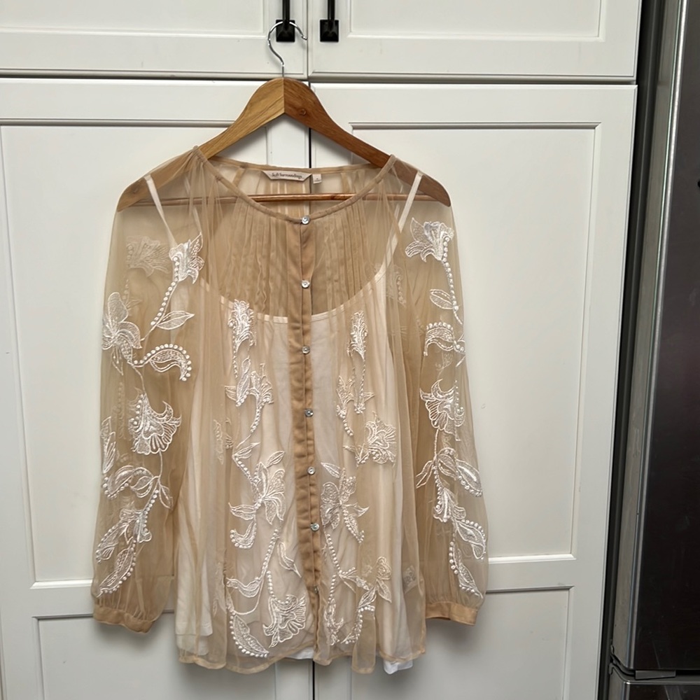 Embroidered blouse tan with white spaghetti strap tank underneath